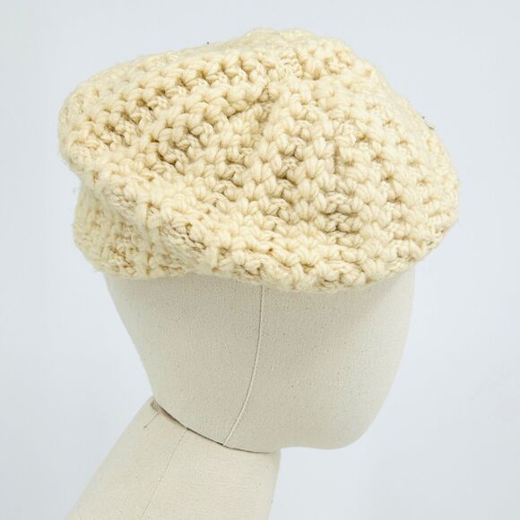 70s Chunky Knit Cream Beret Tam 100% PURE WOOL Hat - Picture 2 of 7